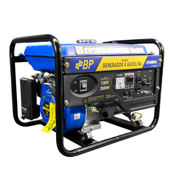 | BP | <strong>ESPECIFICACIONES TÉCNICAS</strong> <ul> <li><strong>Motor:</strong> Gasolina 4 tiempos</li> <li><strong>Potencia máxima:</strong> 2500 W</li> <li><strong>Potencia nominal:</strong> 2000 W</li> <li><strong>2 Toma Corrientes:</strong> 110 V</li> <li><strong>1 Toma Corriente:</strong> 220 V</li> <li><strong>1 Salida DC:</strong> 12 V</li> </ul>